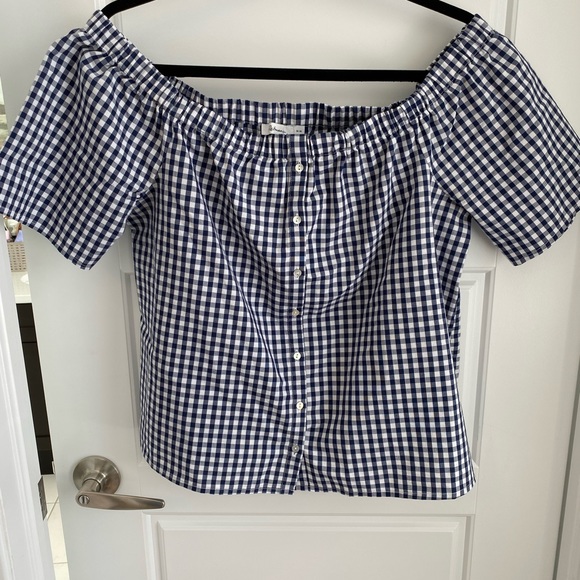 Blue Gingham Off-The-Shoulder Blouse - Picture 5 of 8